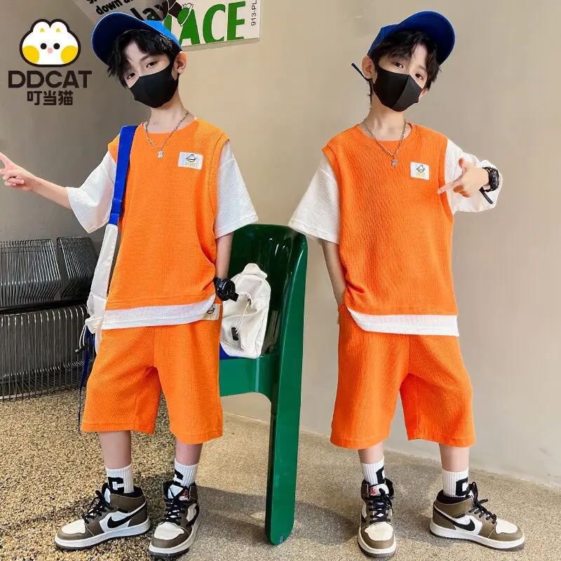 Pokonyan 2022 Kids Boys Suit New Fried Street Two-Piece Summer Fake Two Pieces Short Sleeve Pants