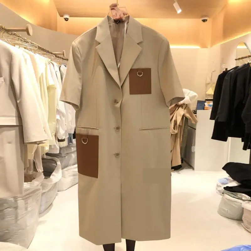 

GetSpring Women Blazer Short Sleeve Patchwork Single Breasted X-Long Suit Coat Fashion Loose Casual Female Overcoat 2022 New