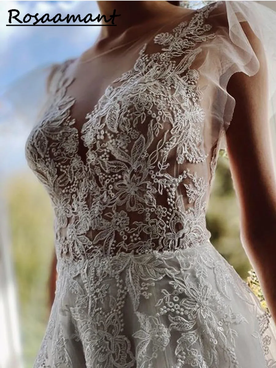 

Элегантные свадебные платья а-силуэта, соблазнительные кружевные платья с глубоким круглым вырезом, рукавами-крылышками и закрытыми пуговицами, свадебные платья из тюля, 2023, со шлейфом для двора