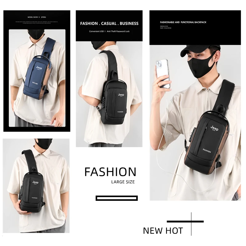 JEEP BULUO Brand High Quality Men USB Crossbody Shoulder Bags Chest Sling Safety Lock Male Anti-theft Fashion Travel Pack