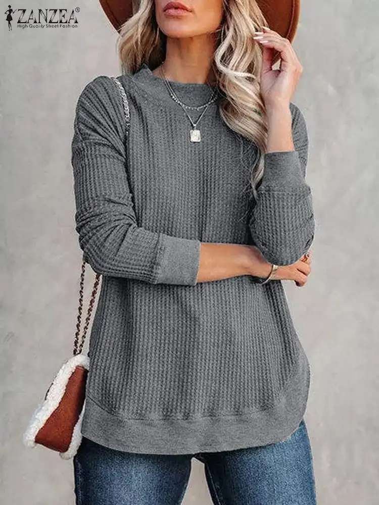 

ZANZEA Knitting Long Sleeve Elegant Solid Tops Stylish Waffler Women Blouse Spring Casual Shirt Office OL Blusas Oversize Tunic