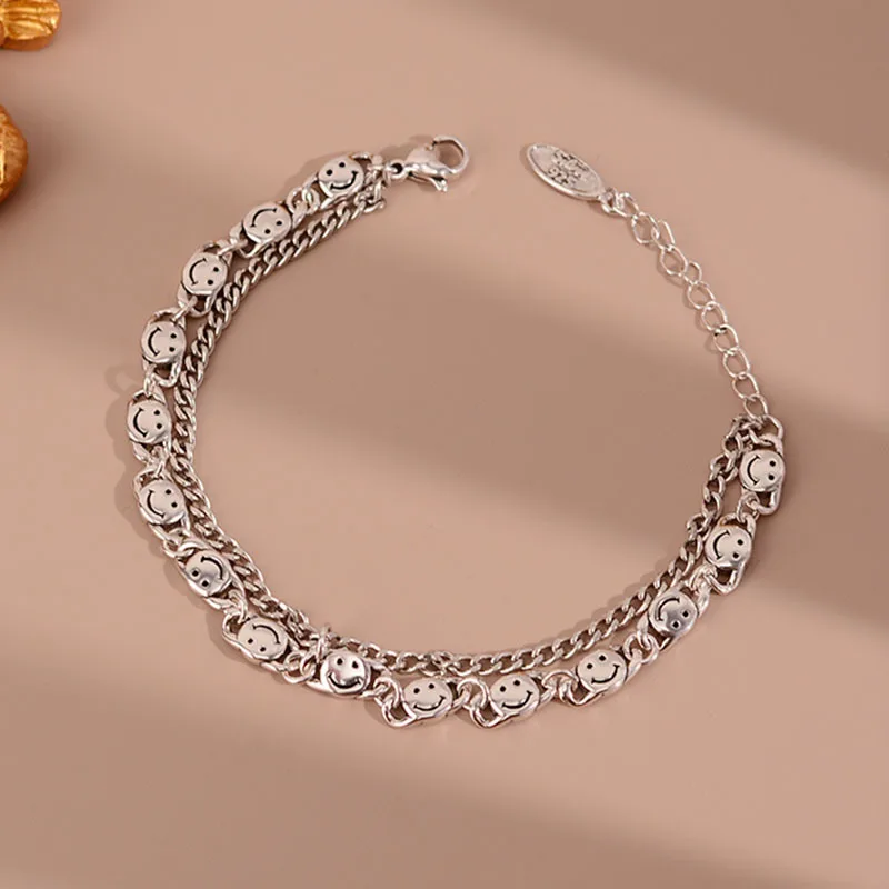 

925 Stamp Silver Color Smiling Face Double-Deck 21CM Chain Bracelet For Women Vintage Bangles Party Charms Jewelry GaaBou