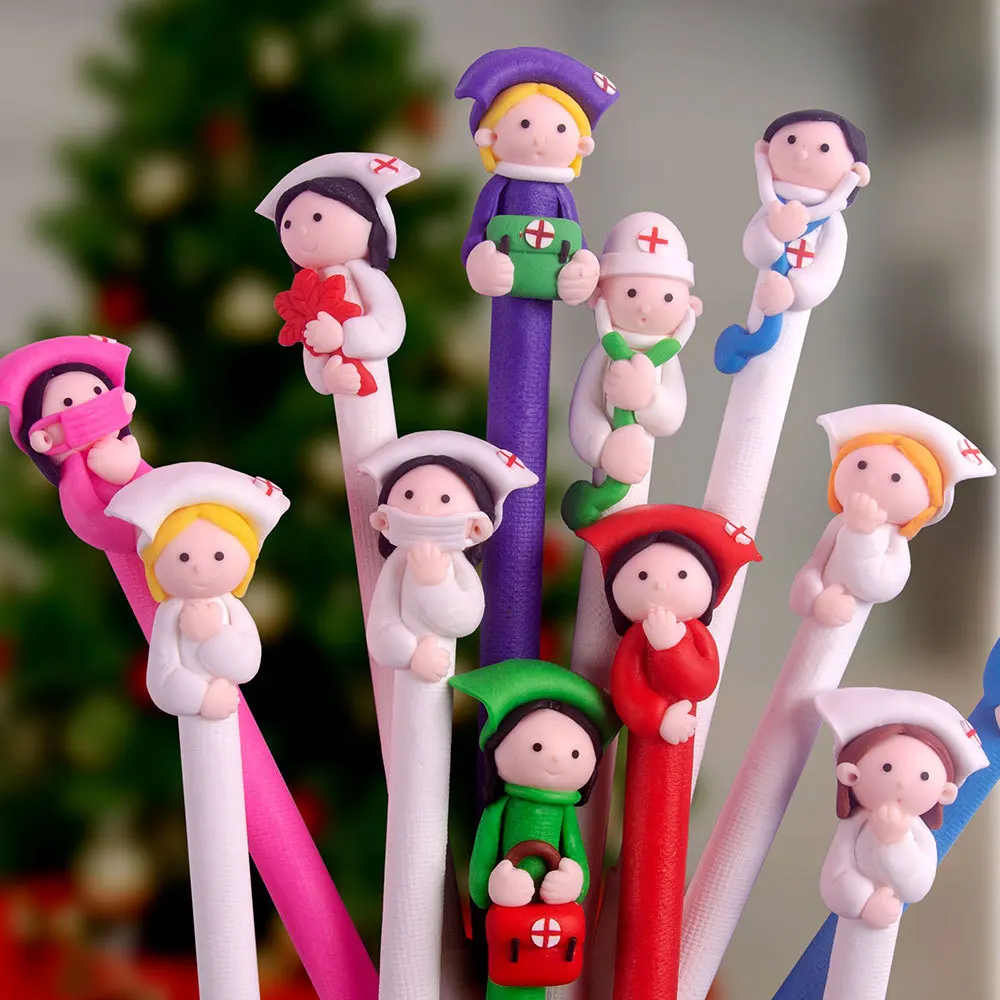 

20PCS Nurse Ballpoint Pens Creative Polymer Clay Cartoon Nurse Ornament 0.7mm Black Ballpoint Pens Hospital Supplies