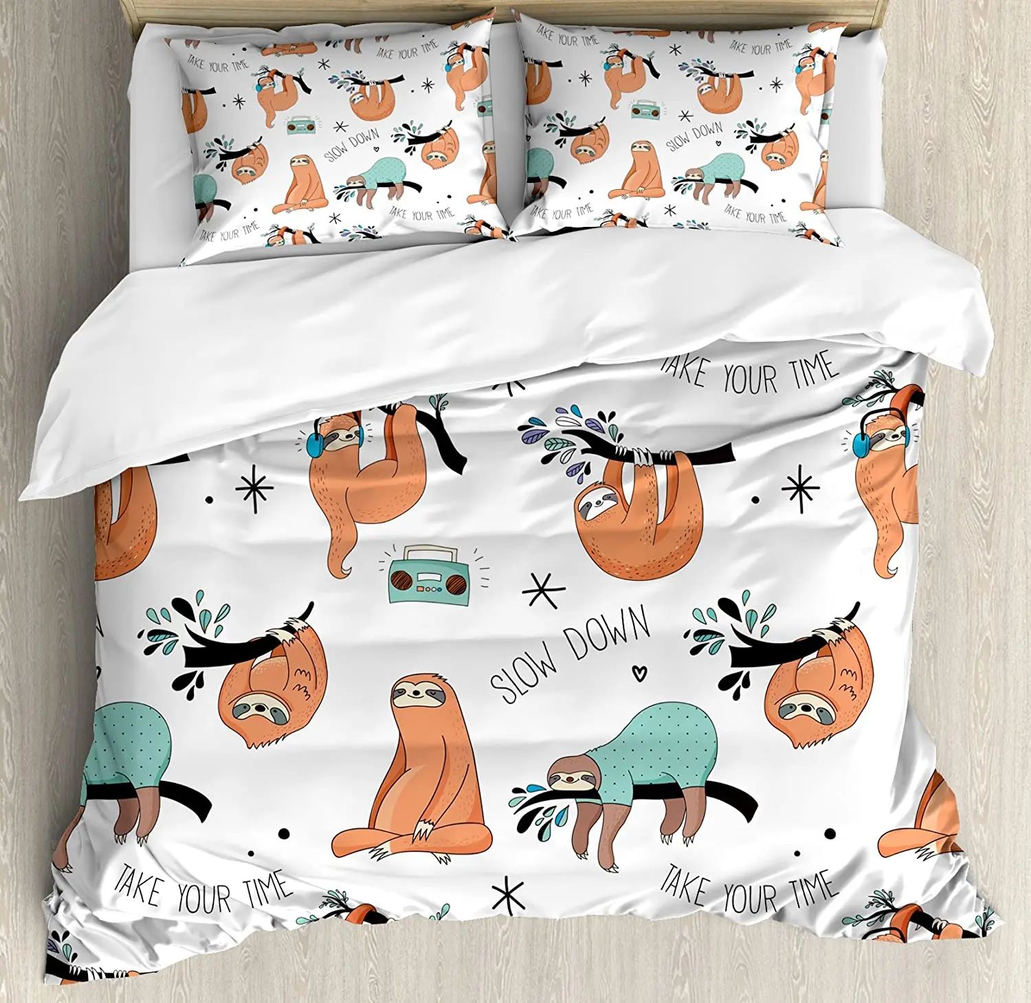 

Sloth Bedding Set Comforter Duvet Cover Pillow Shams Pattern with Cute Hand Drawn Sloths on Branche Bedding Cover Double Bed Set