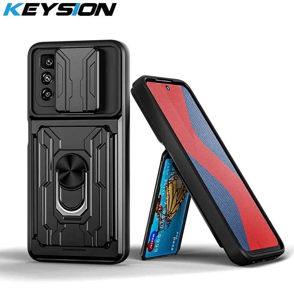 

KEYSION Shockproof Case for Redmi 10 Prime 9C 9A Card Slot Ring Stand Camera Protection Phone Cover for Redmi Note 10 8 Pro 10T