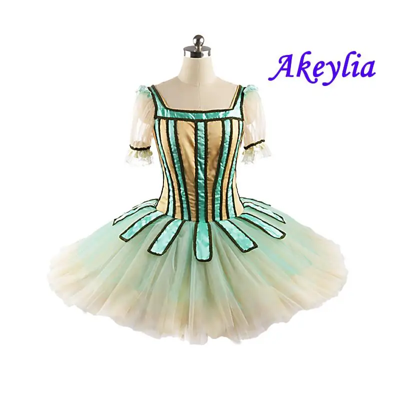 Girls Coppélia Ballet Tutu Compettion Paquita 11 layers Yellow Green Professional Ballet Costumes Tutu pancake Dress YAGP JN0324