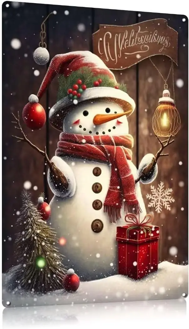 Плакат Merry Chrstms Retro Metl Tn Sgn Plque ntge Snowmn For Cfe Outdoor ndoor New Yer'S Gft Wll Decorto