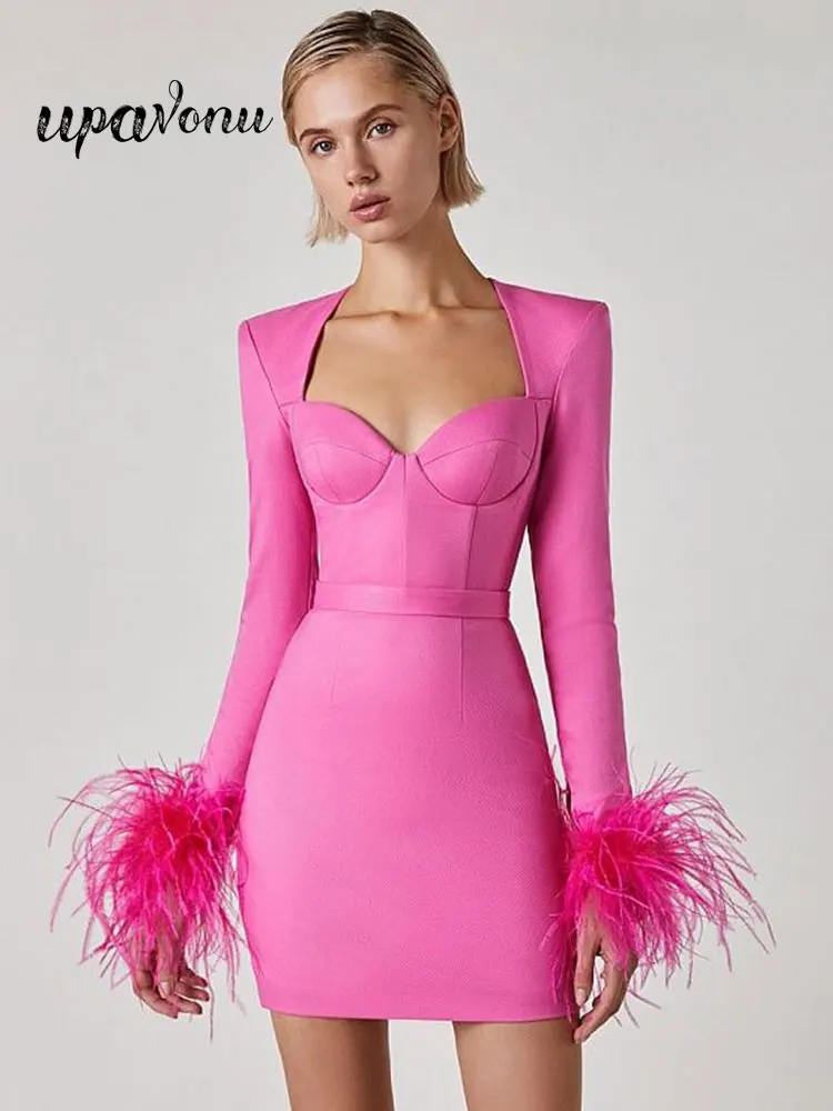 Elegant Women's Bandage Dresses 2022 New V-Neck Long Sleeve Feather Design Bodycon Mini Dress Celebrity Evening Party Vestidos