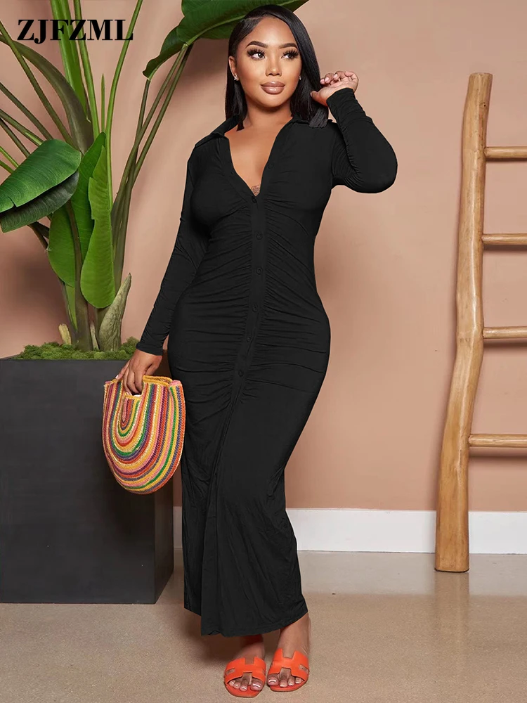 

2022 Women Fall Winter Ruched Bodycon Dress Classic Turn Down Collar Long Sleeve Vestidos Chic Single Breasted Long Party Robe