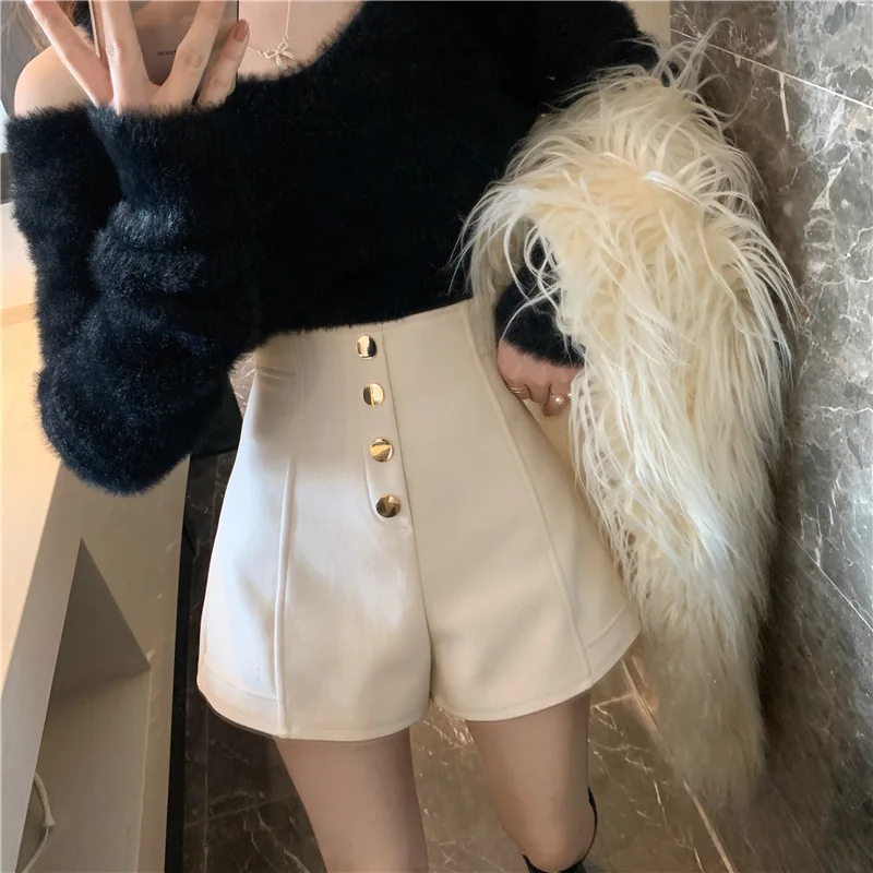 Women's Wide Leg Pants Black Shorts High Waisted Single Breasted A-line Shorts Casual Pants Elegant Temperament Shorts For Women