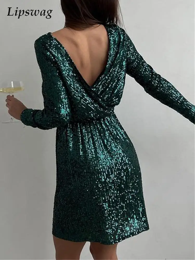 

2022 Spring Elegant V Neck Glitter Sequins Party Dress Women Sexy Backless A-Line Dress Summer Lady Fashion Long Sleeve Dresses