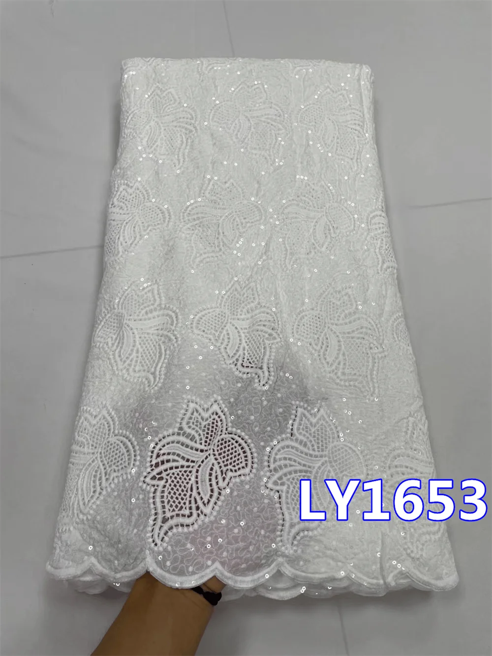 

Nigerian Guipure Lace Fabric 2022 High Quality White Water Soluble Guipure Cord Laces With Sequins For Wedding Party LY1653