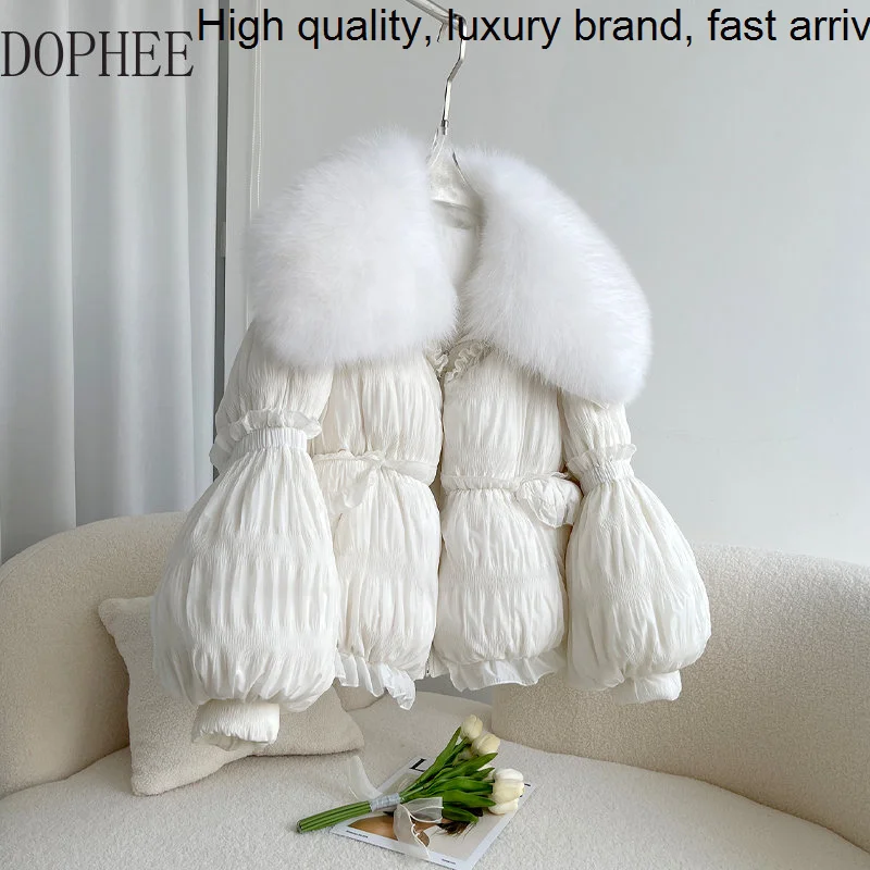 

Женское пальто с большим отложным воротником, новый дизайн, теплая зимняя куртка из гусиного пуха с оборками, короткие меховые парки с рукавами-фонариками