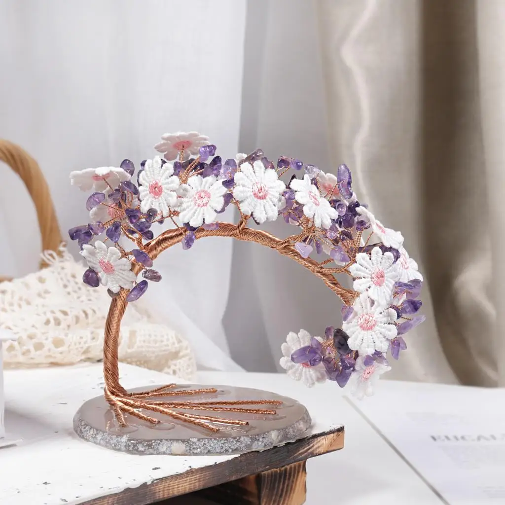 Natural Amethyst Crystal Stone Tree Embroidered Lace Flower Luck Money Tree With Agate Slice Base Desktop Decor Home Ornaments