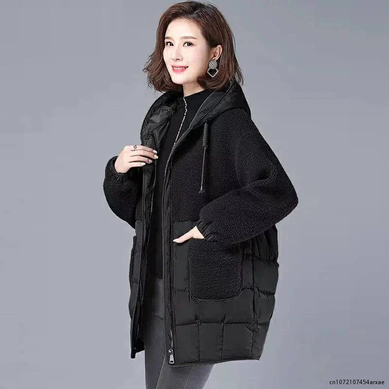 

Cotton Parkas Jacket Women Winter New Korean Fashion Loose Casual Padded Coat Large Size Hooded Imitation Lamb Wool Outerwear