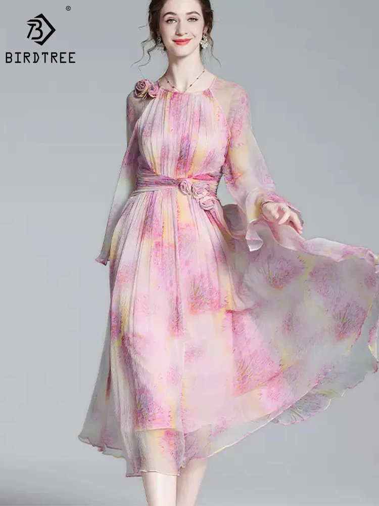 

Birdtree/100% шелк тутового шелкопряда 6A, элегантное платье во французском стиле, с круглым вырезом и расклешенными рукавами, темпераментные длинные платья для женщин, D3N743QD
