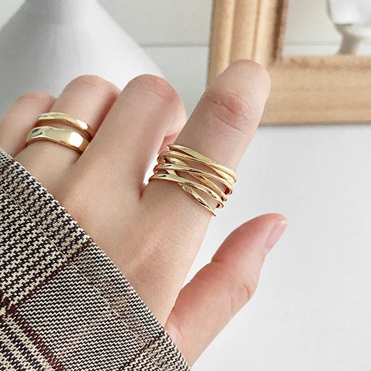 

Japanese Style Multi-layer Metal Gold Silver Color Big Wide Opening Adjust Size Finger Rings For Women Men Fashion Jewelry