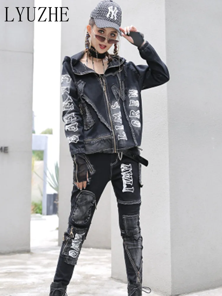 

LYUZHE 2023 Spring Autumn Cool women Distressed Denim jeans set two piece set women personalized Street Style Print Suit LWL696