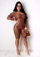 casual women jumpsuit pu leather slash neck full sleeve party night clubwear dresses for women outfit