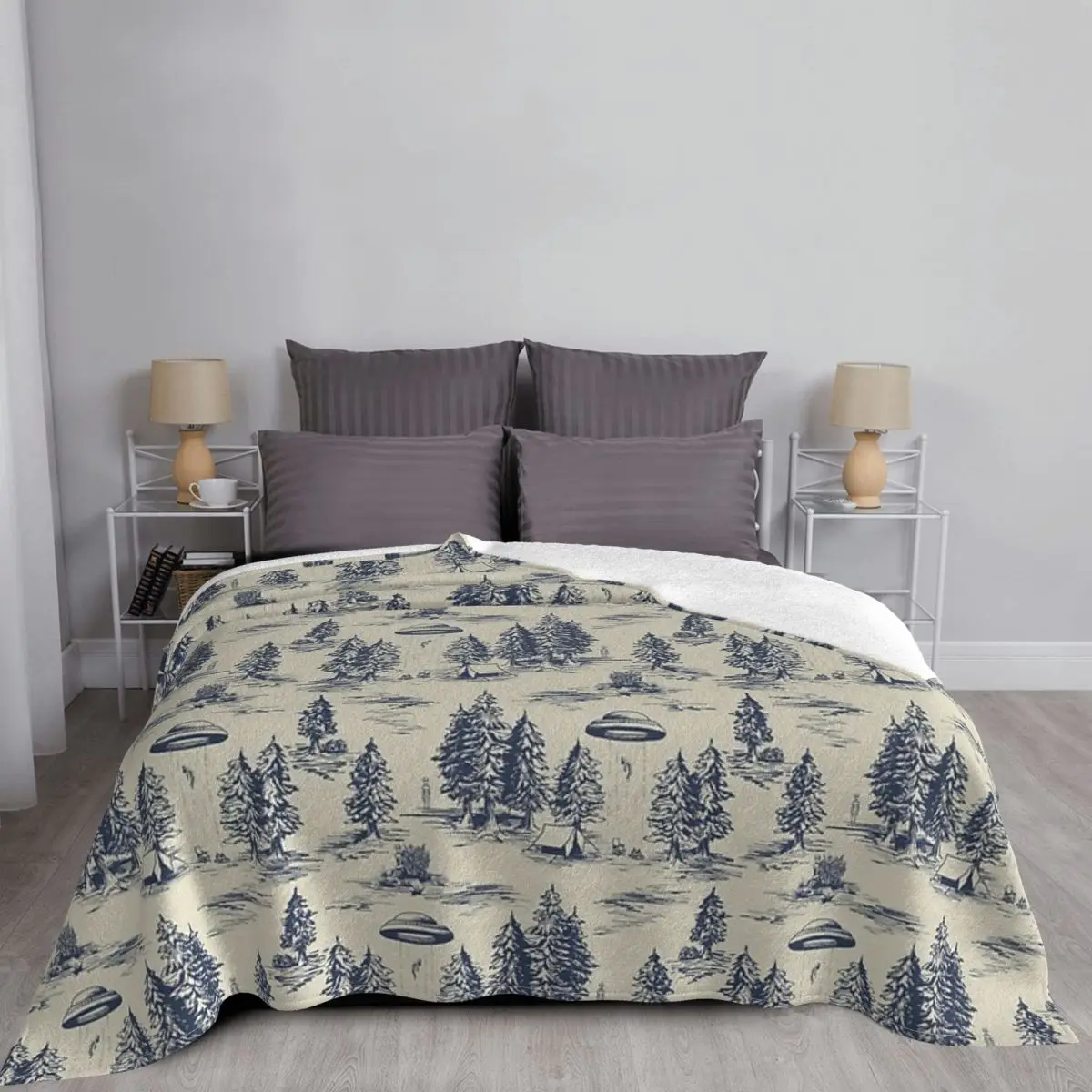 

Alien Abduction Toile De Jouy Pattern In Blue Throw Blanket Cotton Blanket Anime Sofa Blanket Hairy Winter Bed Covers Bed Cover