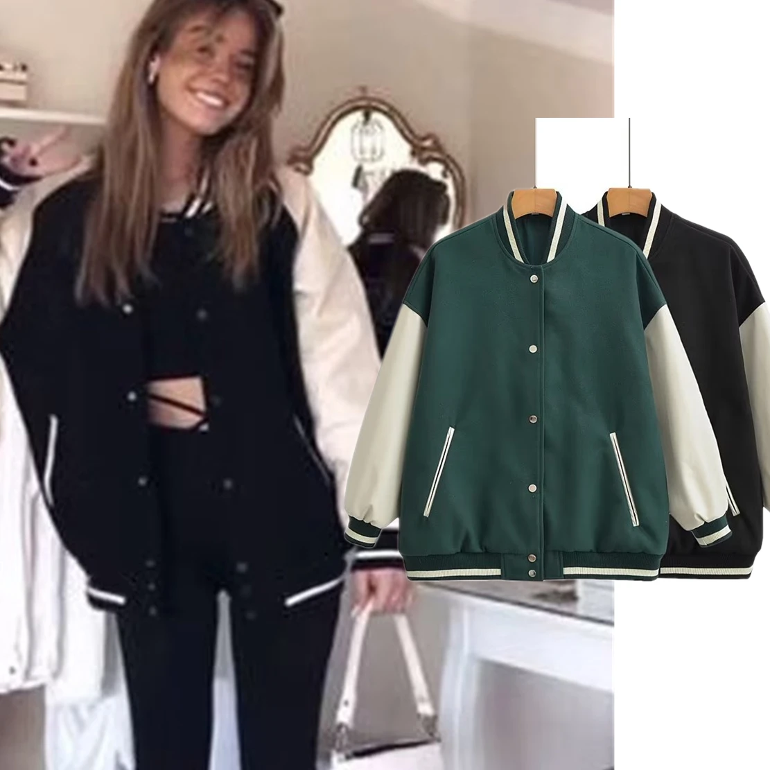 

Withered Pu Leather Coat Women Vintage Woole Splicing Loose Bomber Jacket