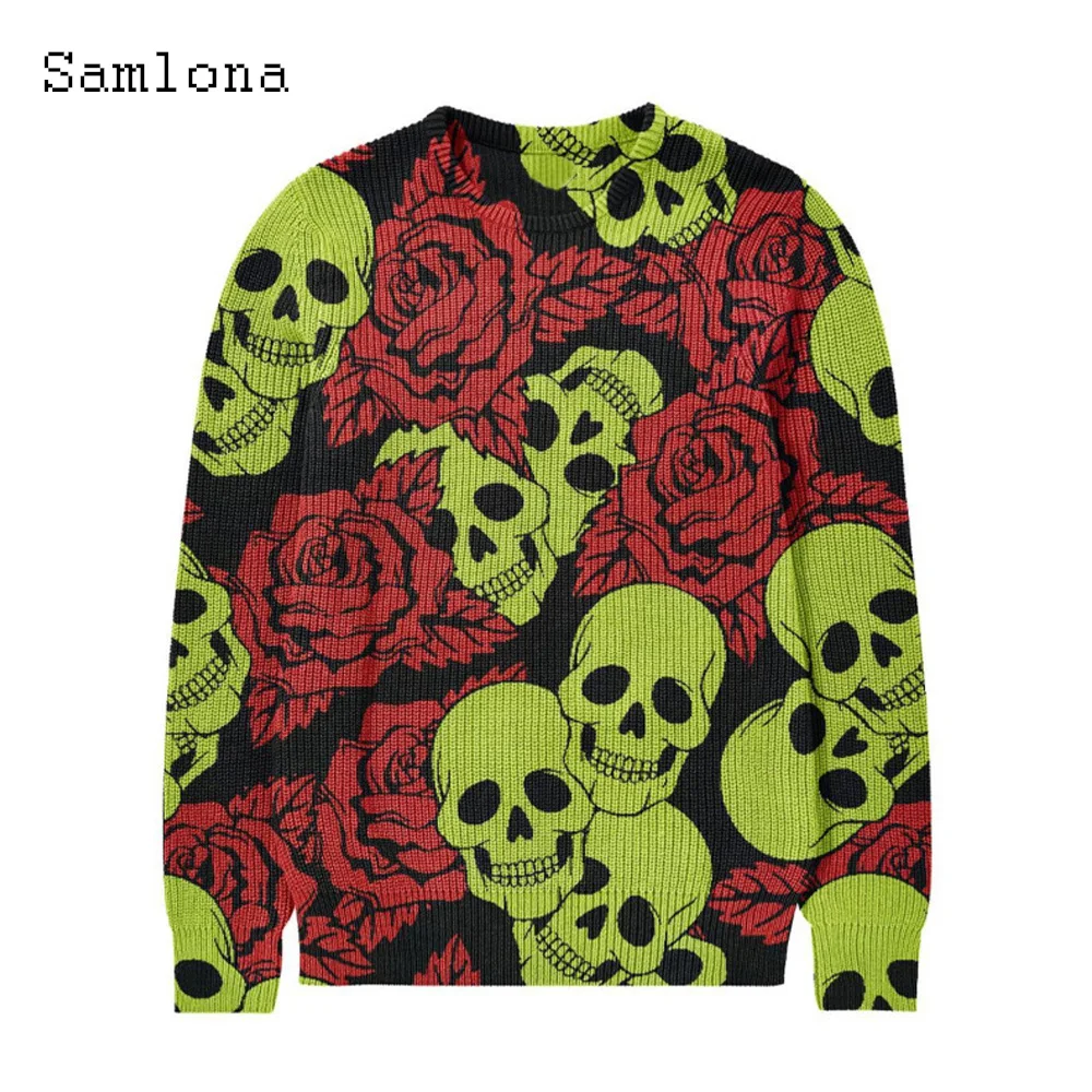 Samlona Men Casual Knitted Sweater Mens O-neck Jumpers 2023 Halloween Skull Printed Top Pullovers Male Gothic Fashion Sweater