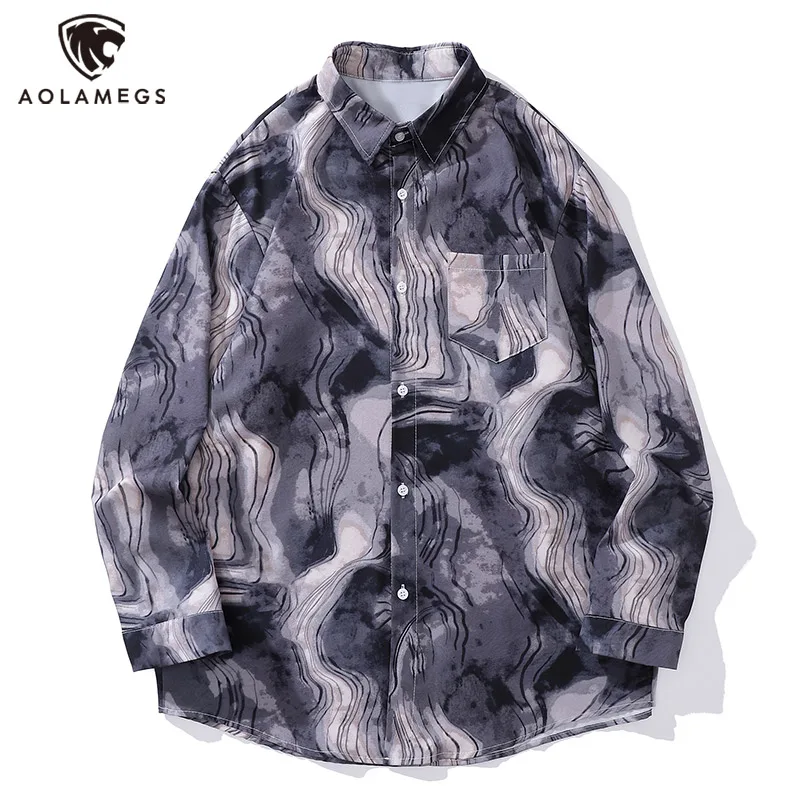 

High Street Abstract Watercolor Painting Hand-write Line Graffiti Shirts for Men Oversized Lapel Button Long Sleeve Shirt Unisex