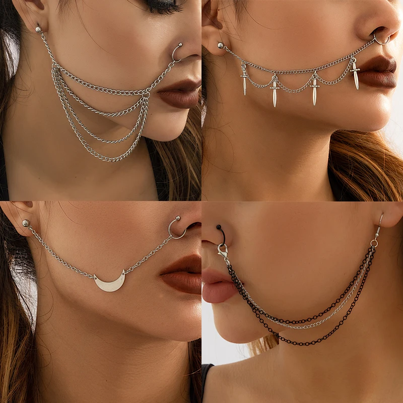 1 pc Hip Hop Fake Piercing Mulitilayers Chains Ear Nose Chain For Women Ethnic Leaves Nose Clip Sword Nose Ring Body Jewelry