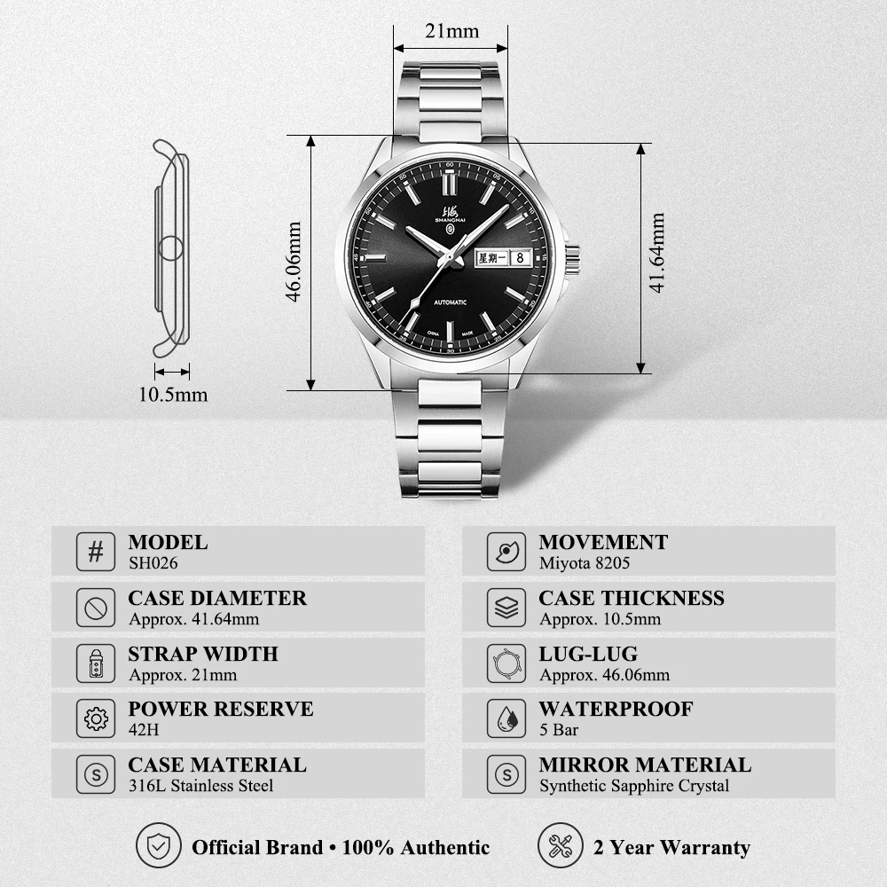 Мужские автоматические механические часы Shanghai Watch 41,64 мм из нержавеющей стали 316L, водонепроницаемые, с календарем, для бизнеса и повседневной носки, SH026 (art.: 3920dc63b3116) - 3920dc63b3116