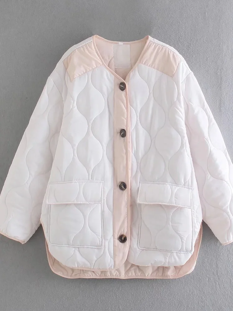 Fashion Single Breasted White Qulited Jackets Women 2022 Autumn Winter Casual Loose Irregular Hems Parkas Coats Streetwear