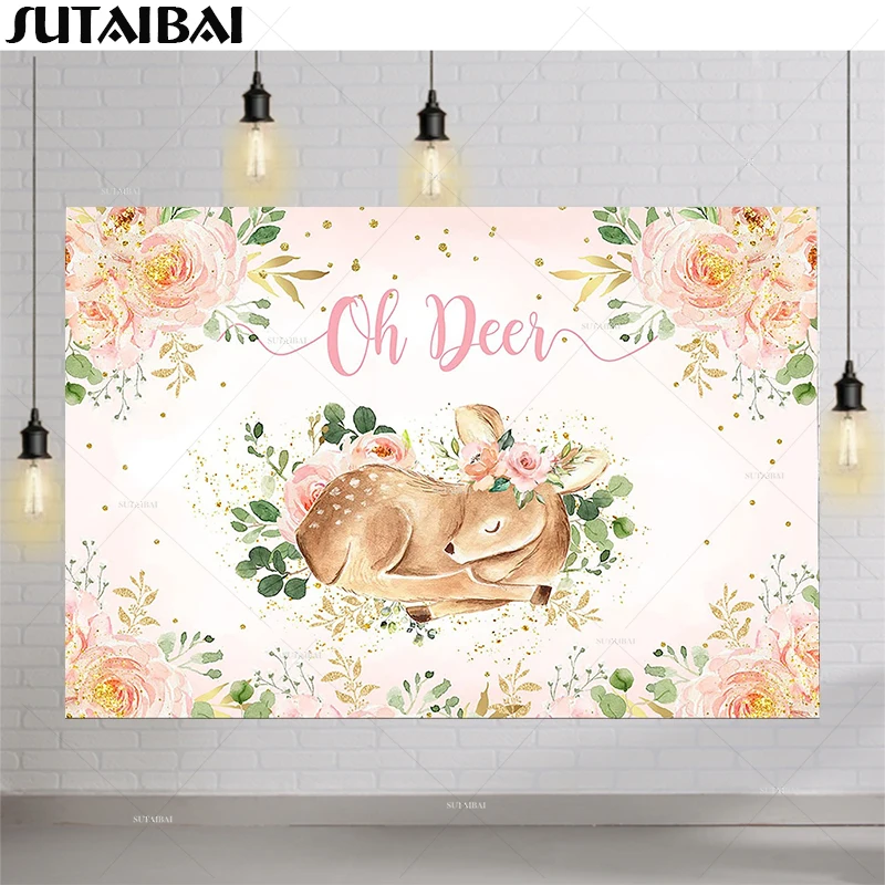 

Oh Deer Baby Shower Party Backdrop Pink Floral Girls Woodland Deer Background Glitter Gold Dots Backdrops Decorations Supplies