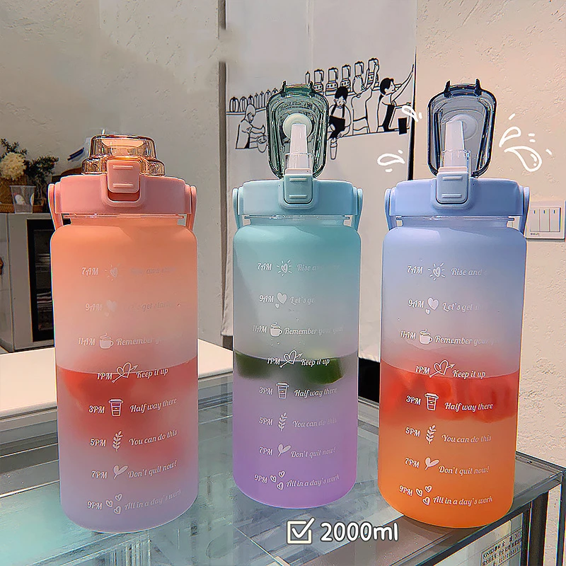 

2L Water Bottle Straw Cup Time Scale Couple Water Cup Large Capacity Student Fitness Cup Outdoor Sports Portable Travel Bottle