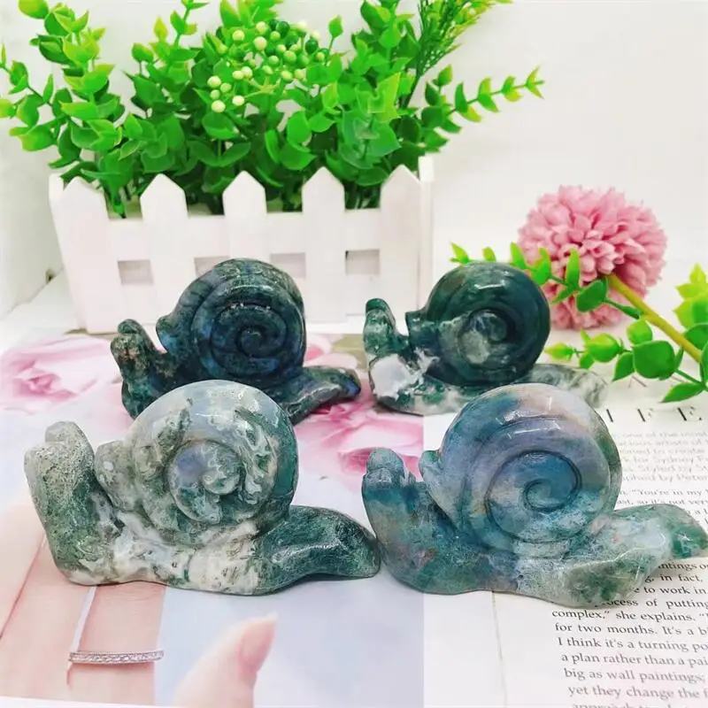 9 см Натуральный Мох агат кристалл улитка резьба искусственное исцеление