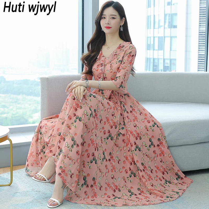 

Summer Pink Floral Chiffon Short Sleeve Ruffled Collar Party Maxi Vestidos 2023 Women Elegant Bodycon Casual Boho Beach Sundress