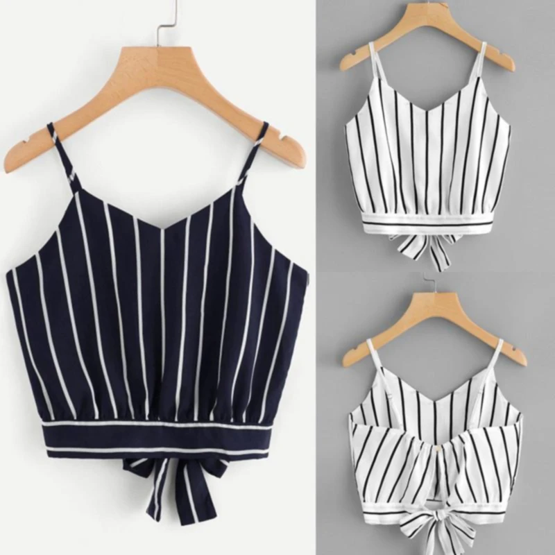 

2022 Summer Knot Striped Split Tie Back Crop Cami Top Women Casual Spaghetti Strap Bow Top Vest Beach Vest Camisole