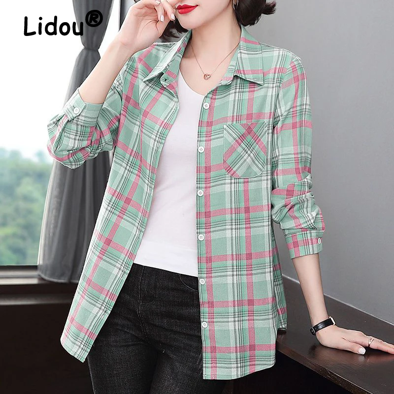 

Women's Vintage Classical Plaid Print Cotton Shirt Spring Autumn Trendy Long Sleeve Blouse Ladies Tunic Tops Casual Loose Blusas