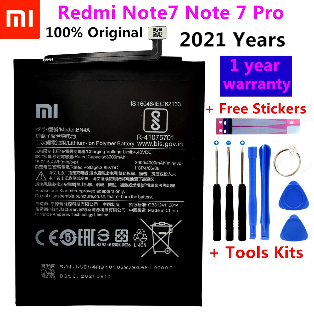 

2021 original Battery 4000mAh BN4A Phone Batteries For Xiaomi Redmi Note7 Note 7 Pro M1901F7C Genuine Phone Battery + Free Tools