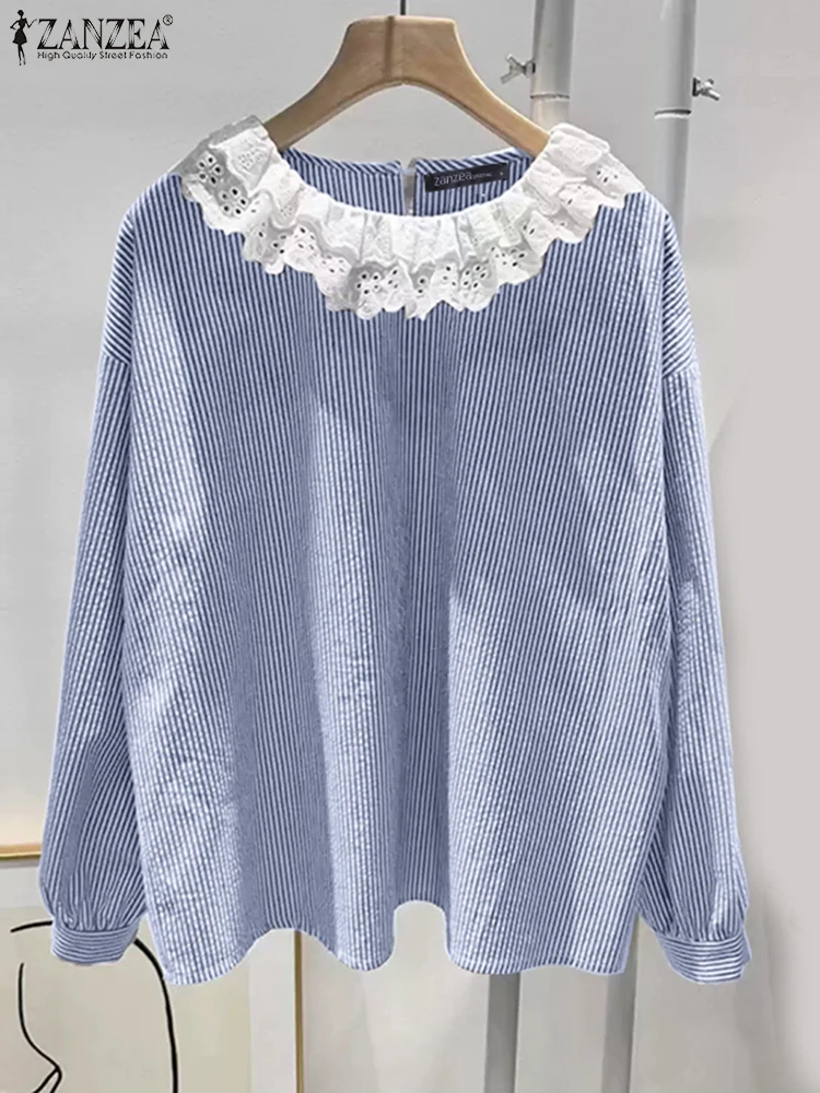 ZANZEA осенние винтажные кружевные рубашки с длинными рукавами женская лоскутная