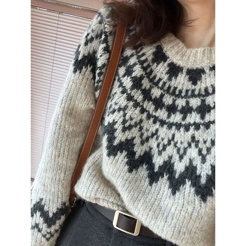 2024 Новинка! Женский короткий свитер в стиле ретро Fair Isle с мягким геометрическим