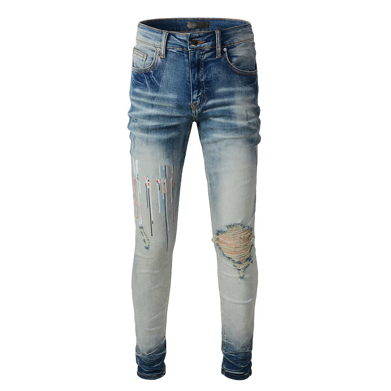 

Men's Quality Distressed Blue Fashion Denim Slim Fit Printing Letters Pattern Damaged Hole Skinny Stretch Elastic Ripped Jeans