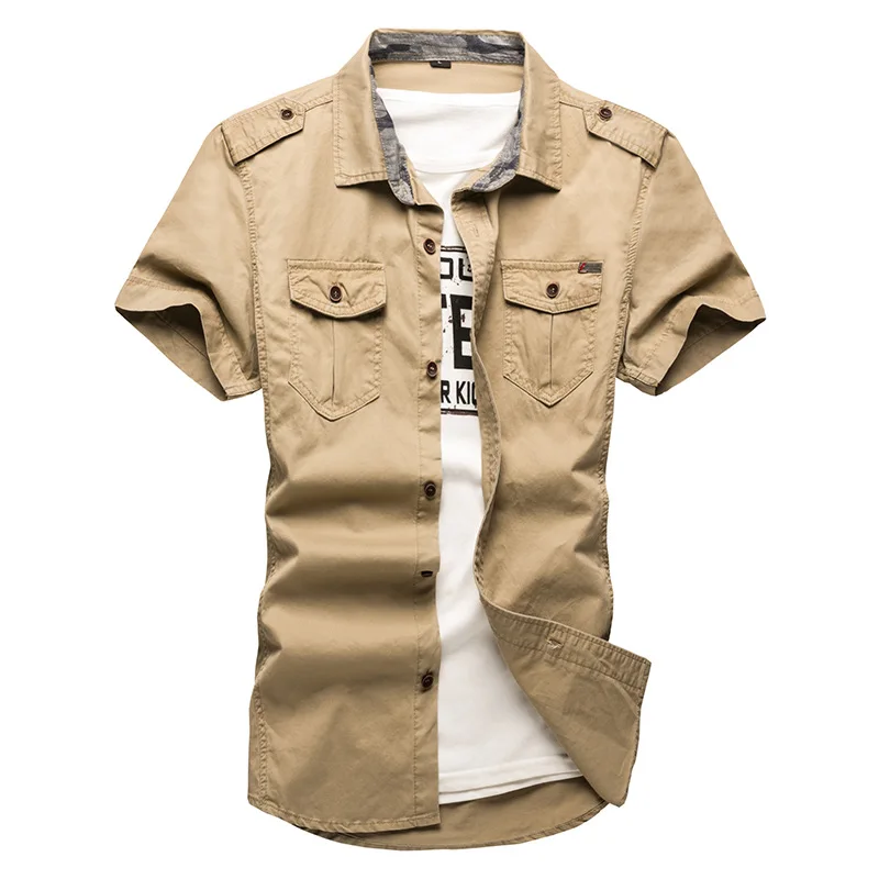 

2022 New Men's Cargo Tactical Shirts 100% Cotton Short Sleeve Work Brand Military Double Pockets Shirt Chemise Plus Size M-5XL