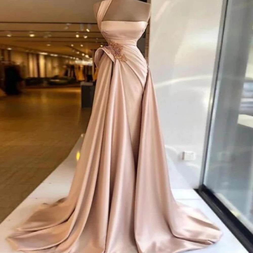 

Simple Formal Evening Dress For Women 2022 Strapless Floor-Length Sleeveless Party Gowns Vintage Appliques Satin Prom Dresses