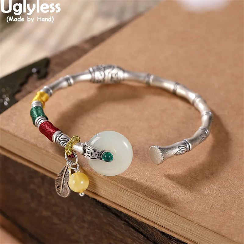 

Uglyless Colorful Ropes Ethnic Vintage Bangles for Women Nature Jade Peace Button Bangles Thai Silver Bamboo Jewelry Amber Charm