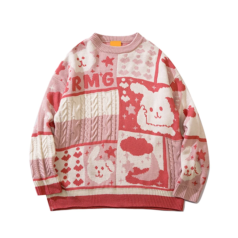 New Cartoon Cute Rabbit Vintage Sweater Men's Japanese Couple Loose and Lazy Style Pullover Sweater