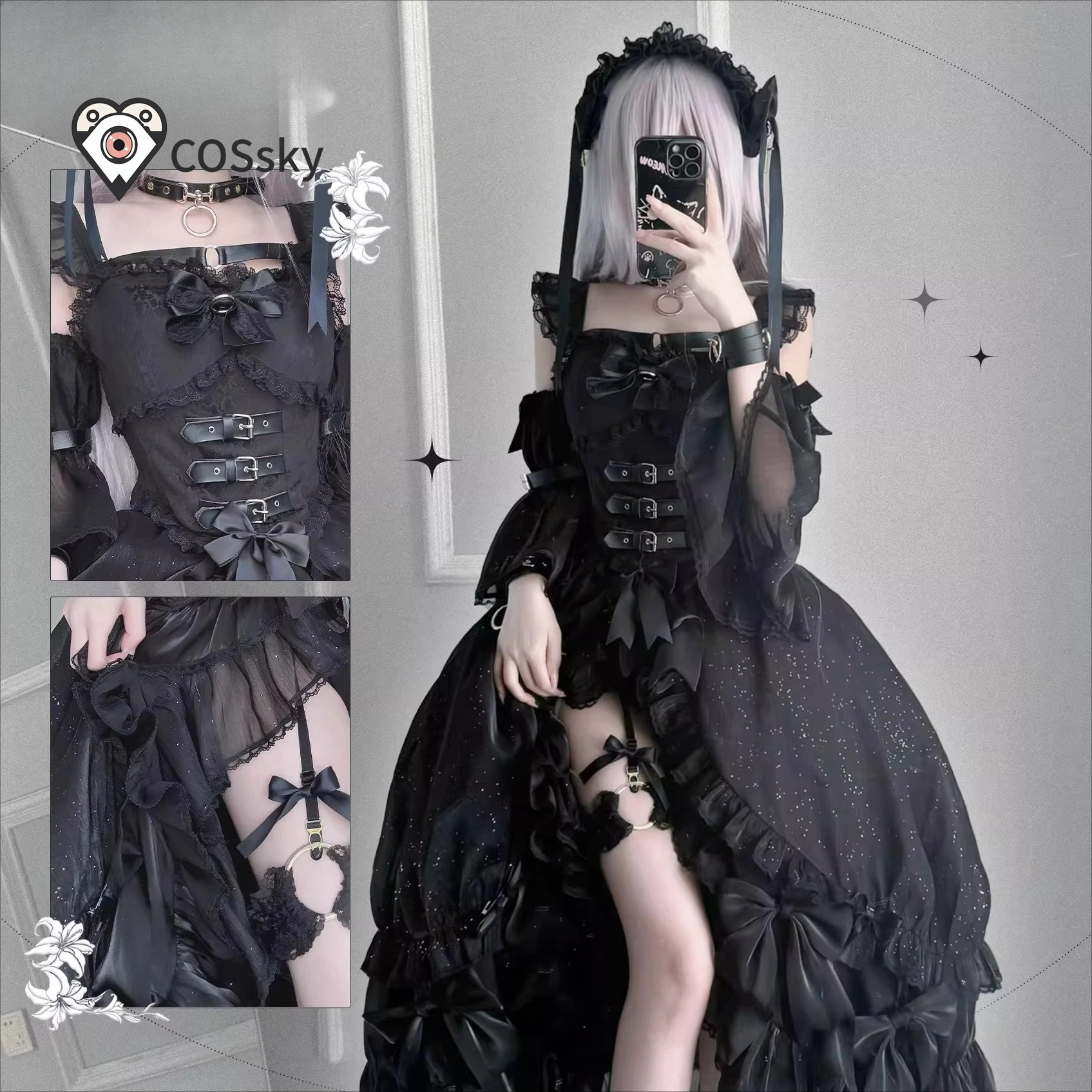 Фото Костюм для косплея Game Manakashi Honjō Manami, женское готическое черное платье на Хэллоуин и карнавал, головной убор, носки, униформа в стиле Лолита №3
