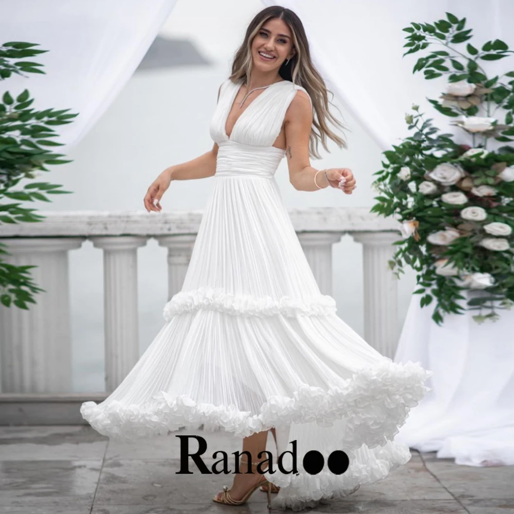 

Ranadoo Elegant V Neck Formal Party Dresses For Women Pleats Tank Sleeveless Backless Zipper Floor Length Robes De Soirée