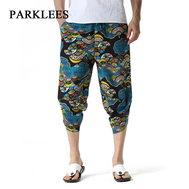 Parklees Mens African Print 3/4 Capri Pants Loose Casual Elastic Drawstring Cotton Harem Pants Stylish Boho Holiday Beach Pants