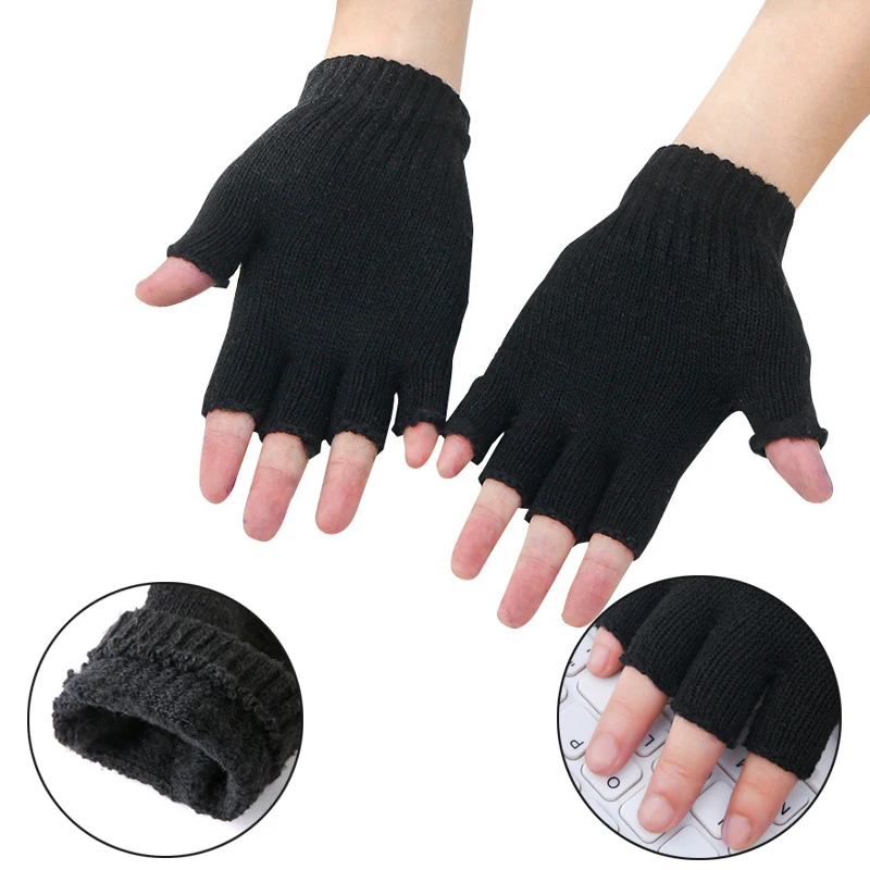

1Pair Plain Black Knit Gloves Half Finger Fingerless Gloves For Wool Knit Wrist Cotton Gloves Winter Warm Workout Gloves