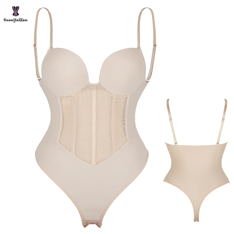 Plus Size 5 Plastic Bones Supported Translucent Bodysuit Shapewear Nude Black Women Strap Bra Bustier Underwear Panties Shapers