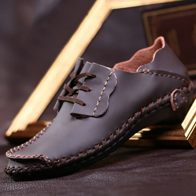 

Men Shoes British Style Handmade Casual Leather Shoes Pu Flat Cozy Dad Shoes Fashion Peas Shoes Lace-up Casual Footwear Size 47
